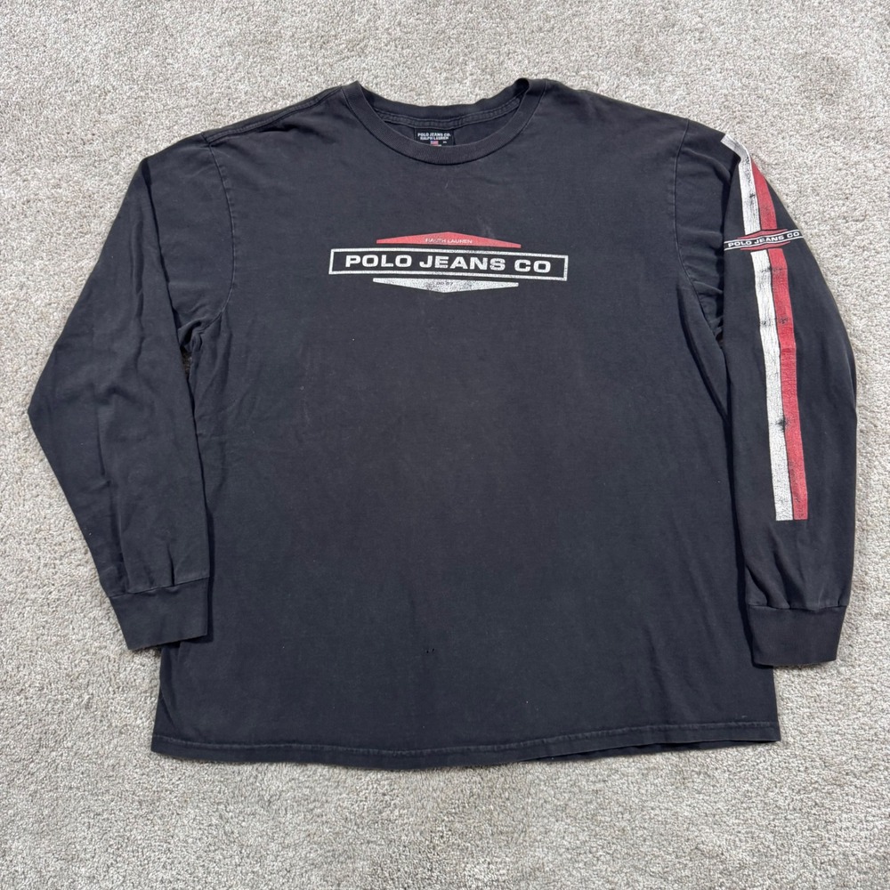 Polo Jeans Co Ralph Lauren Mens XL Long Sleeve T-Shirt Black Graphic Stripe 90s